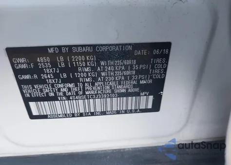 2018 Subaru Outback 3.6R Touring from USA, damaged, VIN 4S4BSETC3J3392103